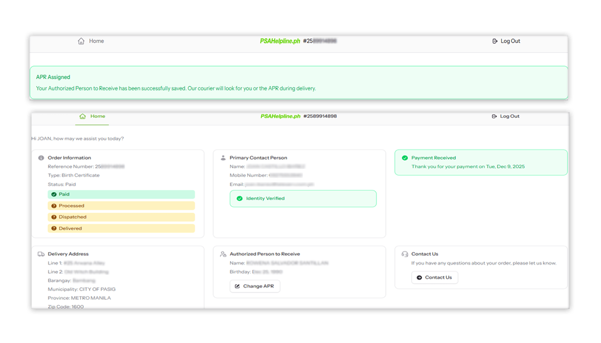 Customer Portal confirmation screen showing the 'APR Assigned' success message and the name and birth date of the assigned Authorized Person to Receive.